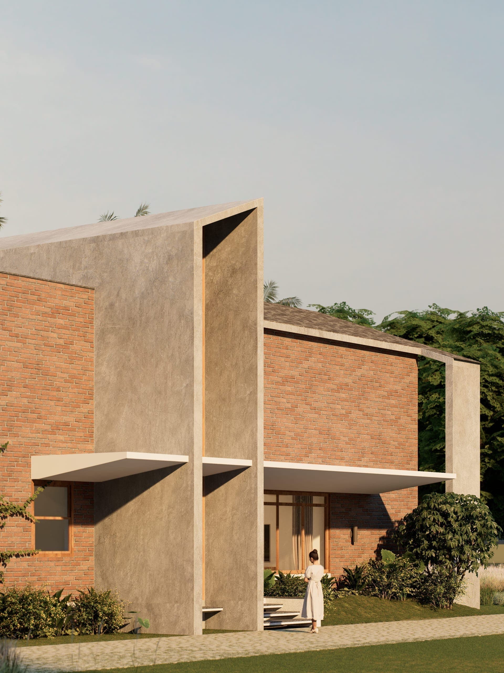 The stairwell emerges as a sculptural vertical volume, cutting cleanly through the brick mass. Its intersection with a cantilevered slab adds depth and emphasizes the interplay of solid and void.