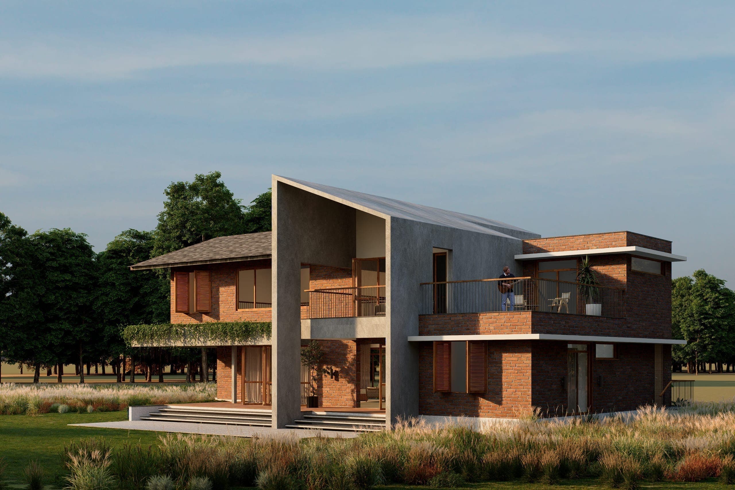 Upper-level decks connect private rooms to shared outdoor spaces. The sloping roof frames these terraces, creating sheltered volumes with a strong spatial identity.