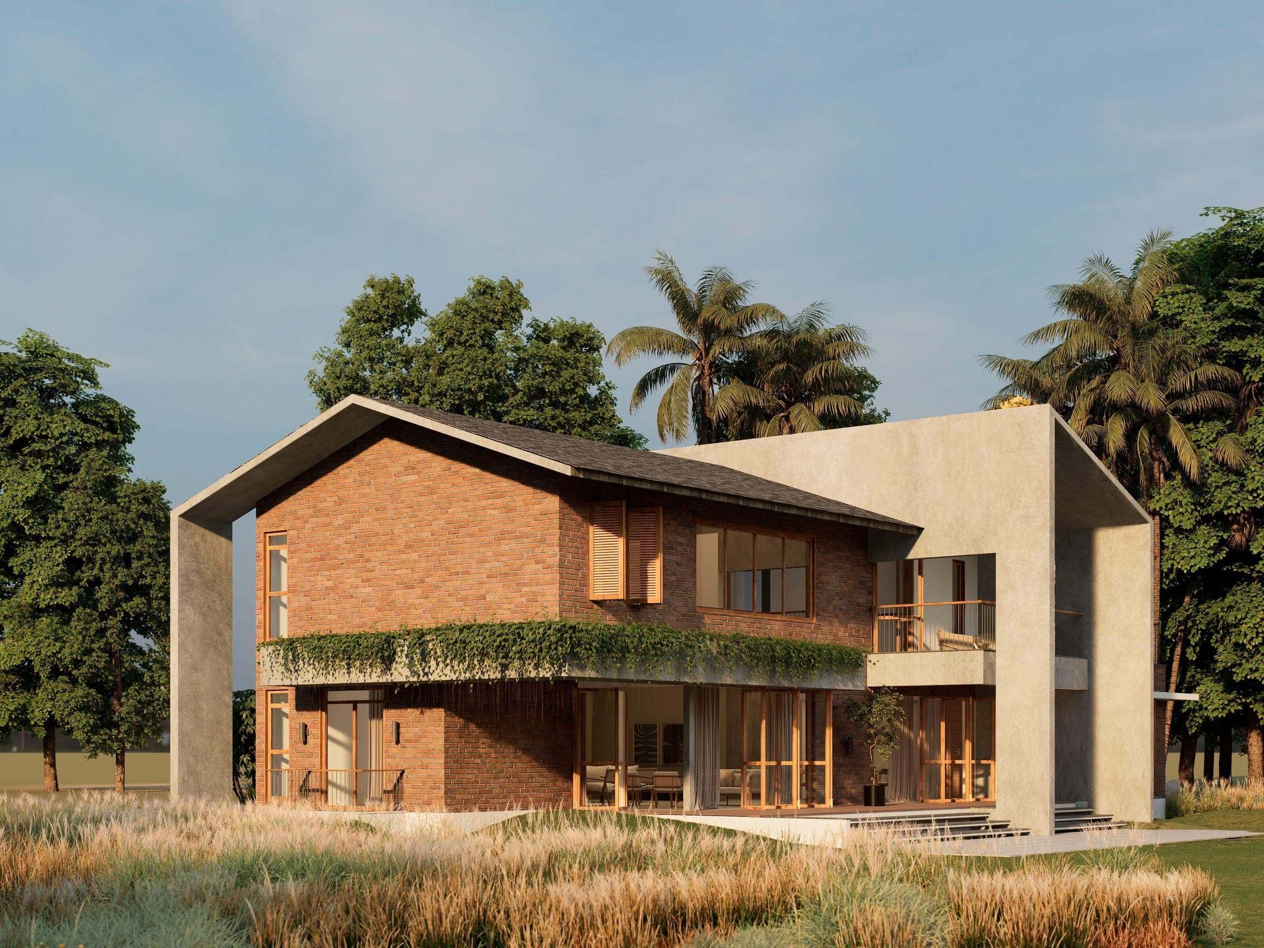 Layered roof forms build a dynamic silhouette while maintaining the building's horizontal base. Balconies and integrated greenery introduce softness, tempering the raw material palette.