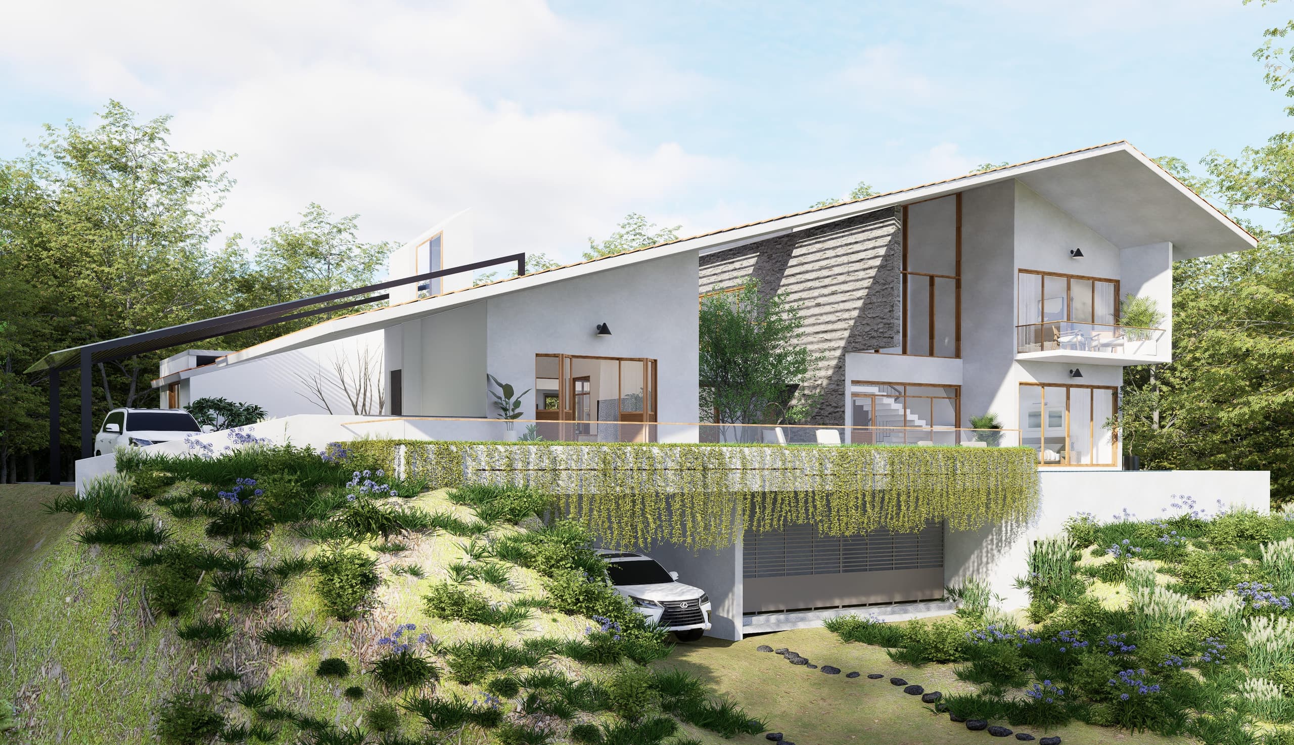 The full elevation places the house within its setting. White rendered walls step with the slope, the glass staircase and upper balcony read as transparent layers, and the plantation closes in on both sides.