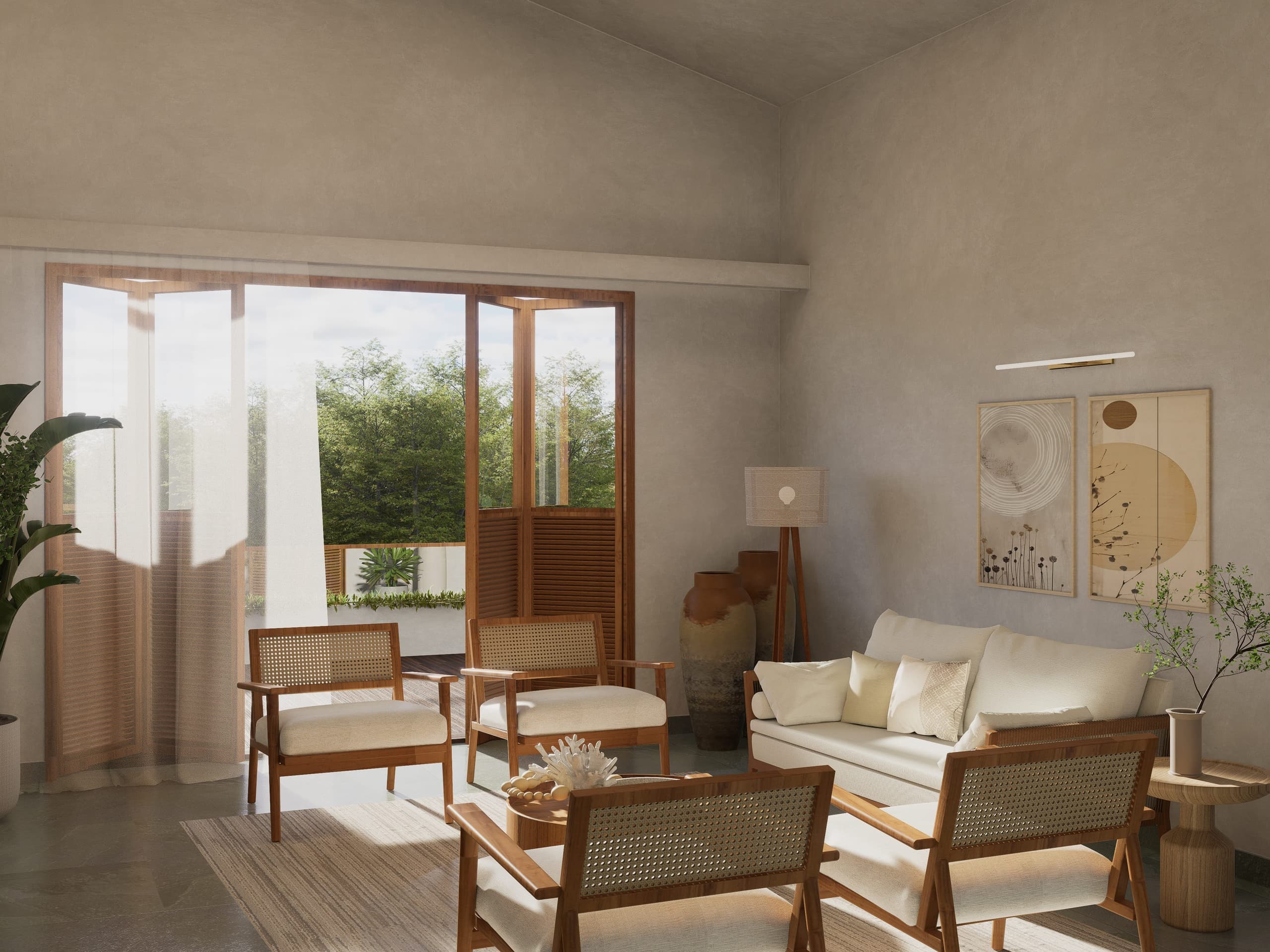The living room is arranged around cane-backed chairs and a spare selection of objects, opening directly onto the garden through full-height timber doors. Light enters from two sides, keeping the room calm and unhurried despite its direct connection to the outdoors.