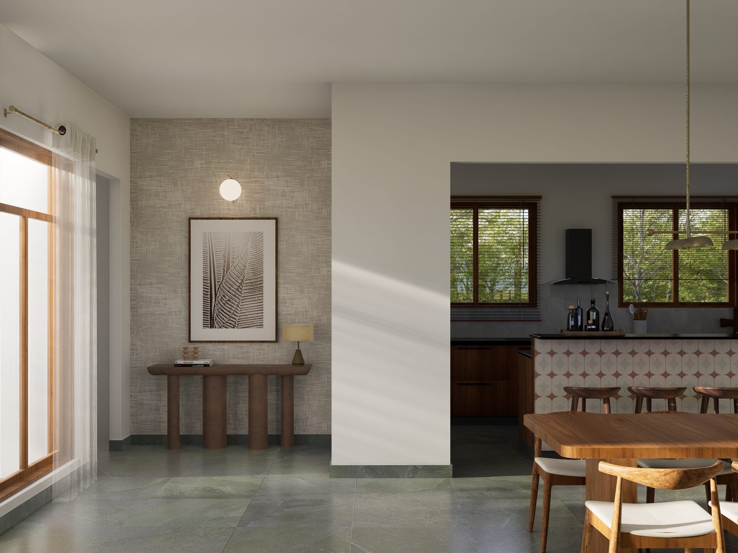A console table and botanical artwork compose the focal point seen on entering from the living room. The vestibule marks the transition into the dining area ahead, with the guest room tucked quietly to the left.