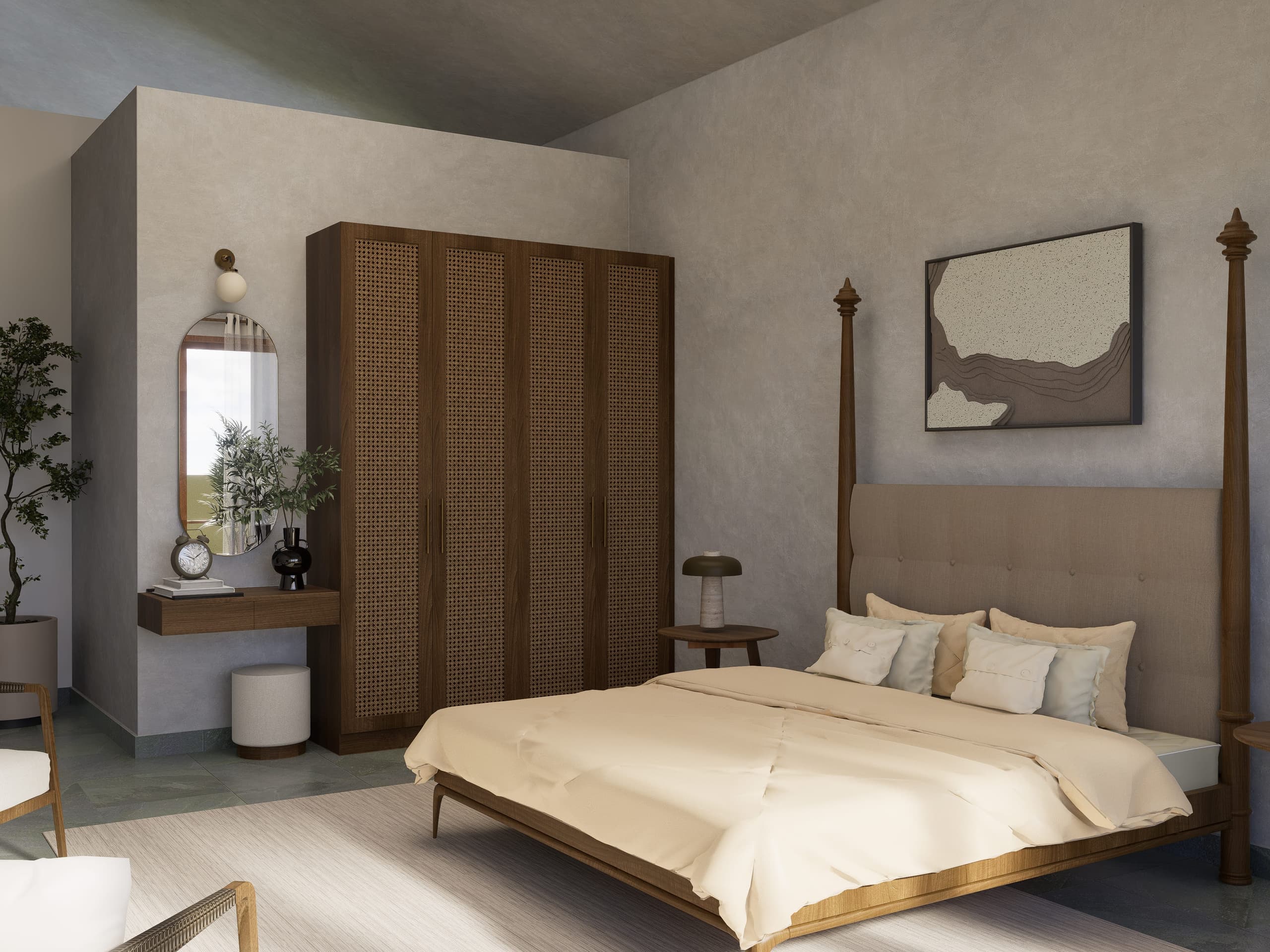The master bedroom turns inward from the house's general openness. A four-poster bed, cane-fronted wardrobe, and lime-textured walls compose a settled, unhurried room.