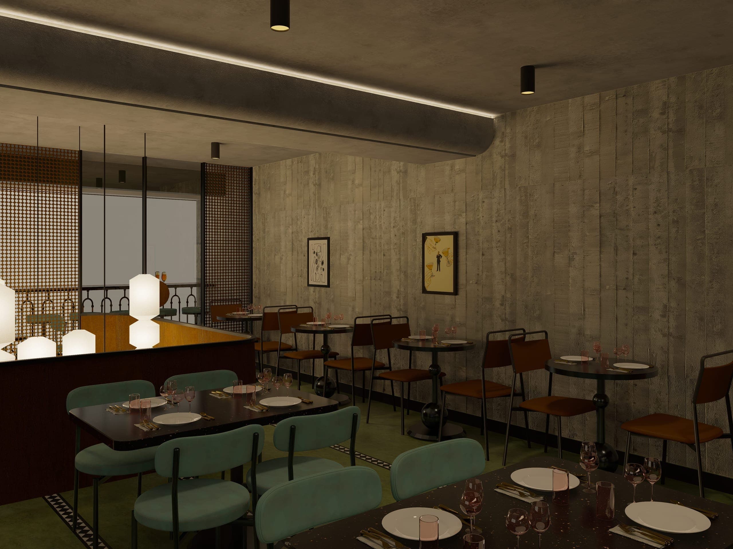 Raw concrete walls and a moody, timeworn palette carry through both floors.
