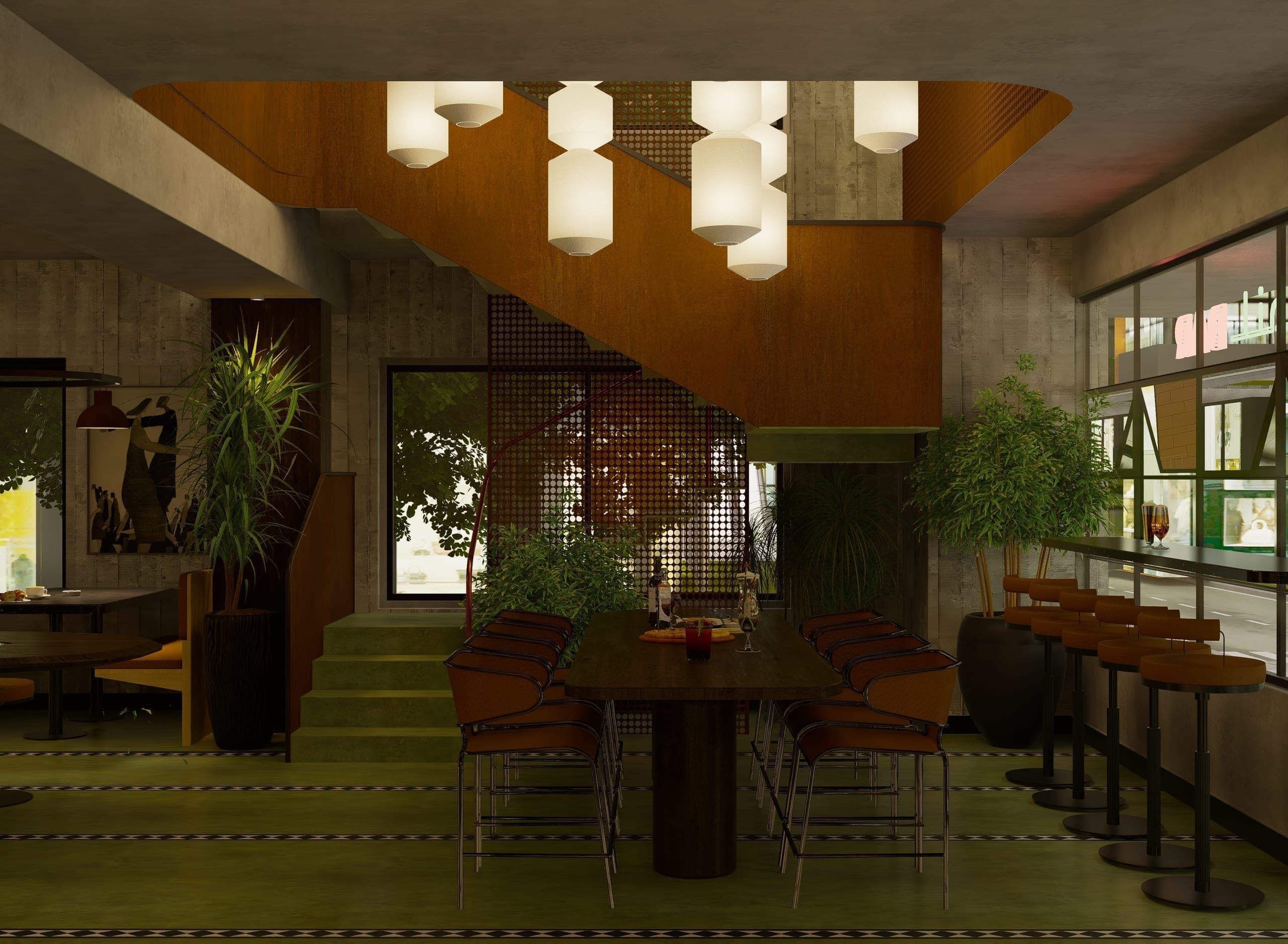 The folded-plate steel staircase wraps around the double-height corten steel screen.