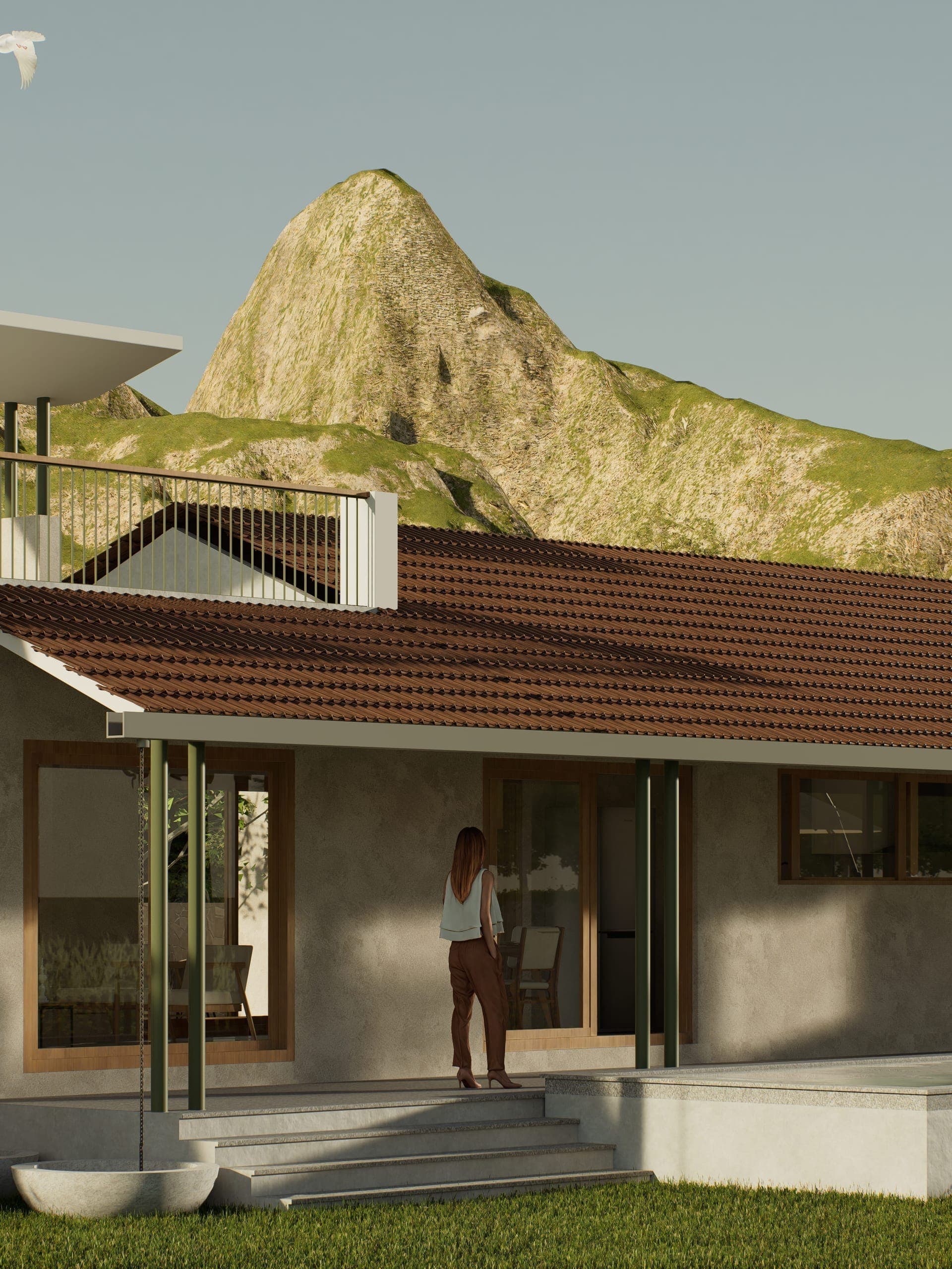 The tiled overhang shelters the south verandah, acting as both a climatic filter and the primary living threshold — a space where interior life gradually dissolves into the open hillscape beyond.