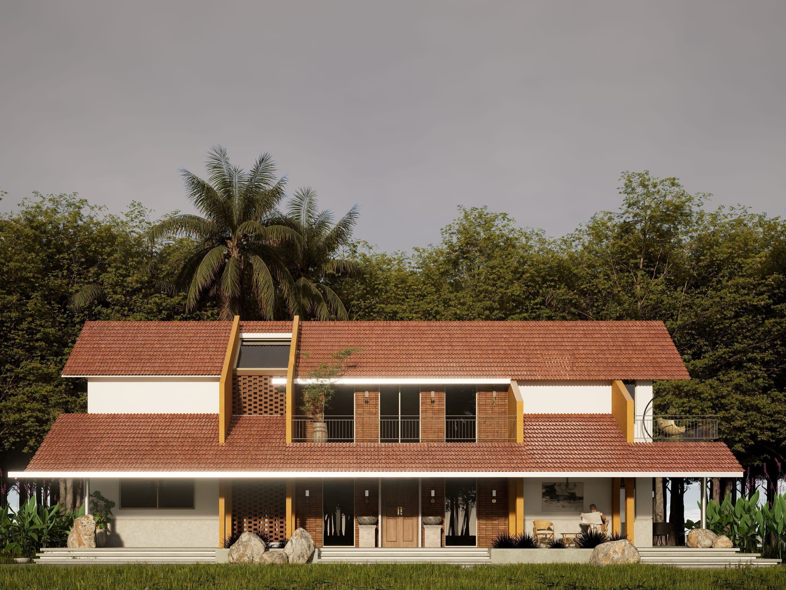 A low, linear form stretches along the site, allowing the surrounding farmland to remain uninterrupted and visually dominant. The staggered sloping roofs establish a strong horizontal identity while subtly breaking the massing.