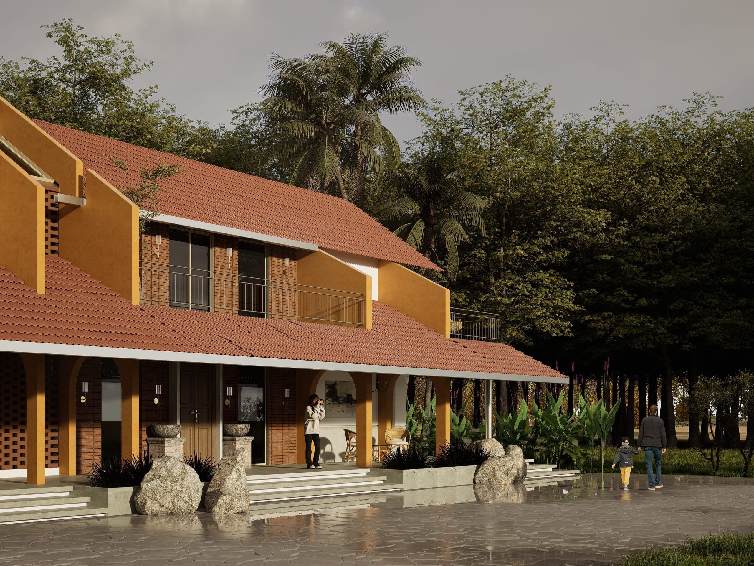 Balconies are carved into the sloping roof, creating shaded outdoor extensions for the upper rooms. They frame long views across the farmland while softening the overall mass of the structure.
