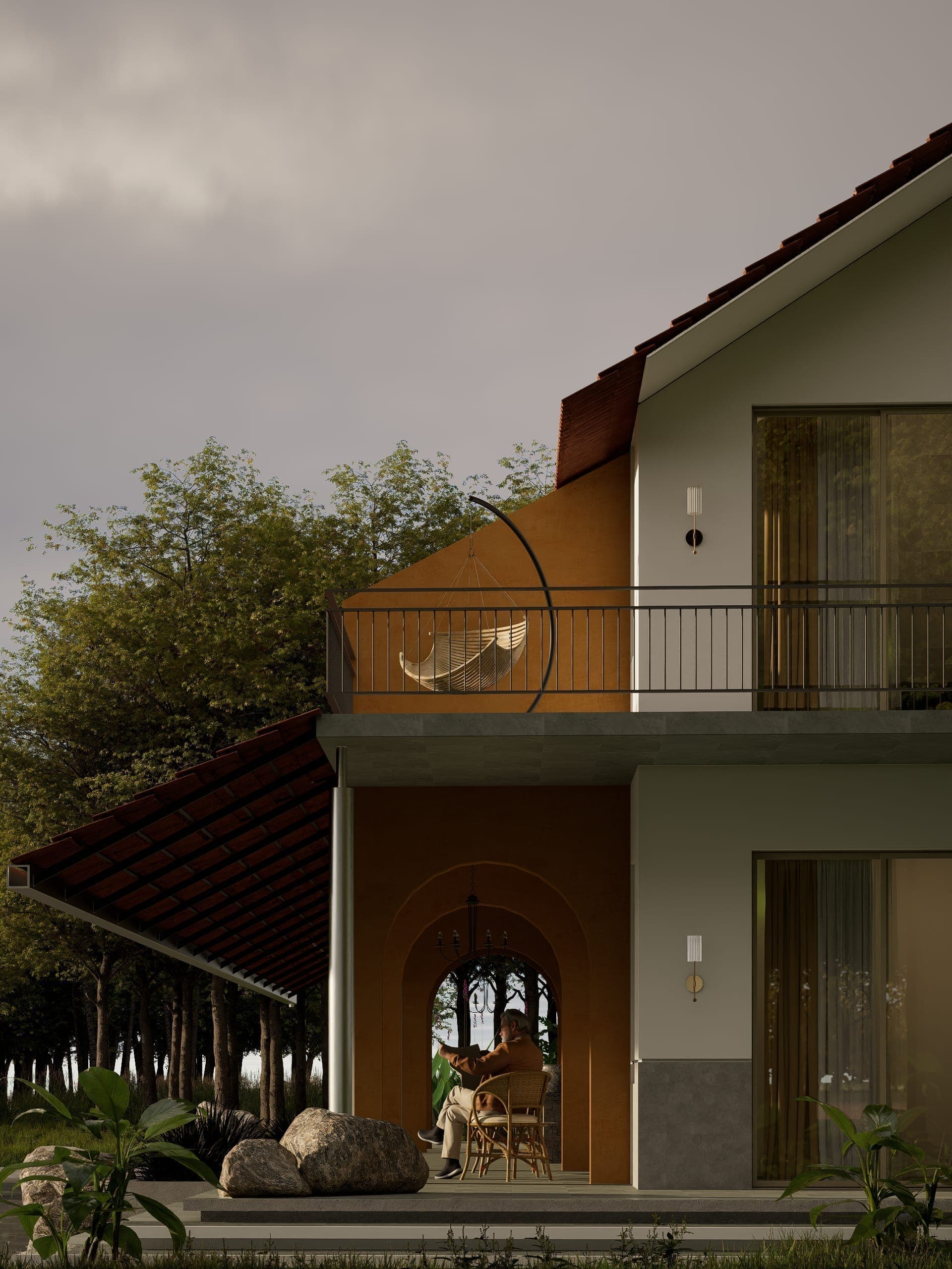 A restrained material palette of stone, lime, and brick reinforces a grounded, tactile quality. Subtle contemporary elements introduce precision, complementing the otherwise vernacular character.
