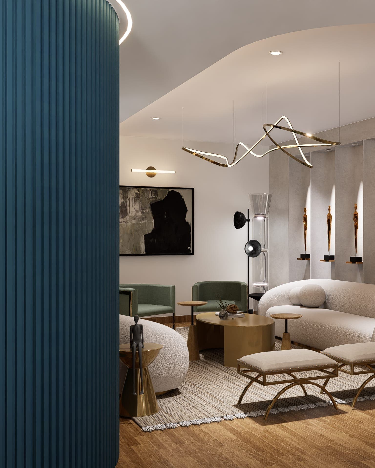 From behind the fluted wall, the lounge reveals its full depth: arched ceiling coves, a sculptural chandelier, and a wall of lit niches displaying awards. The curved partition in the foreground frames the room as a destination rather than a through-space.