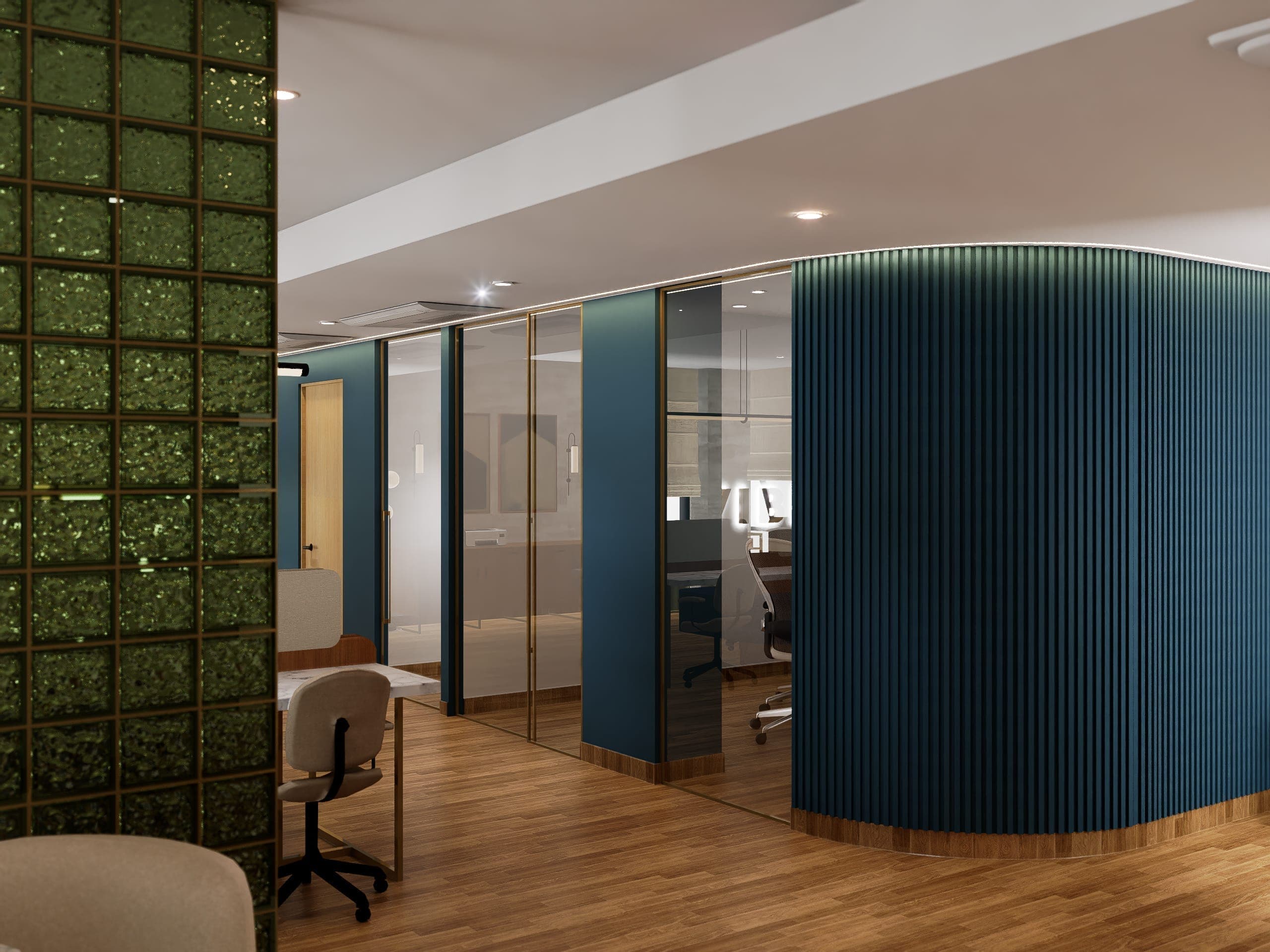 Brass-framed glass panels alternate with solid partitions along the private cabin block, letting light pass through without dissolving boundaries. The curved deep-blue fluted wall anchors the corridor, its ribbed surface absorbing light differently at every angle.