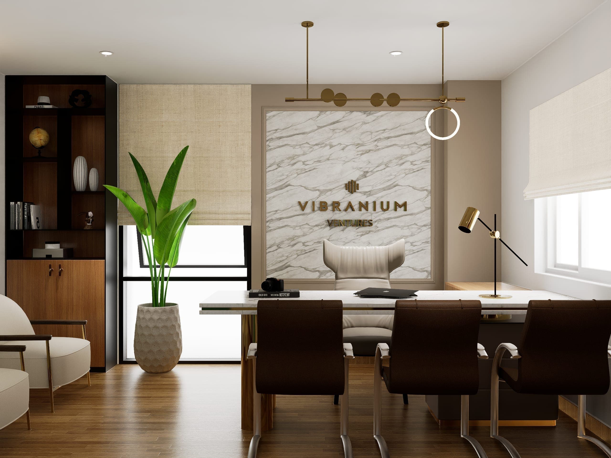 The director's cabin places the brand at its literal centre: the Vibranium Ventures identity set into a marble feature wall, lit from above by a brass sculptural pendant. The white marble desk extends forward as both a work surface and a client-facing meeting table.