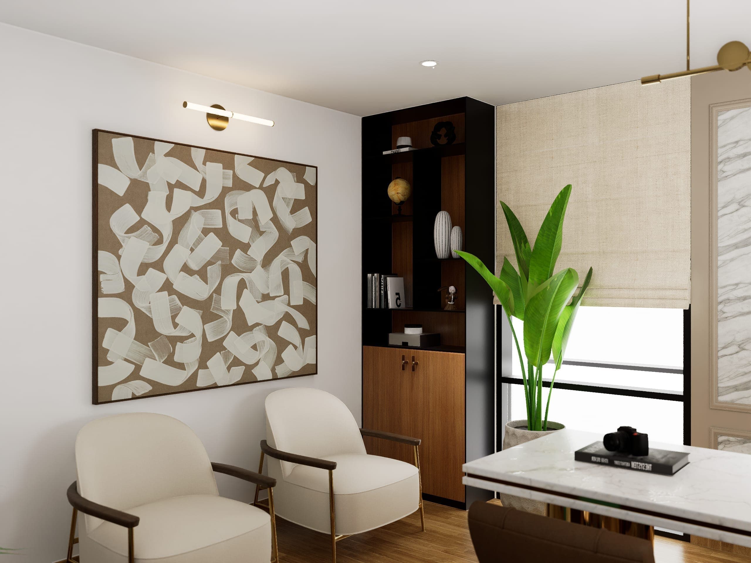 A lounge corner within the cabin offers a quieter register: two cream armchairs, a large abstract work, and a dark shelving unit behind. Intended for informal conversation, the space signals that meetings here are not transactional.