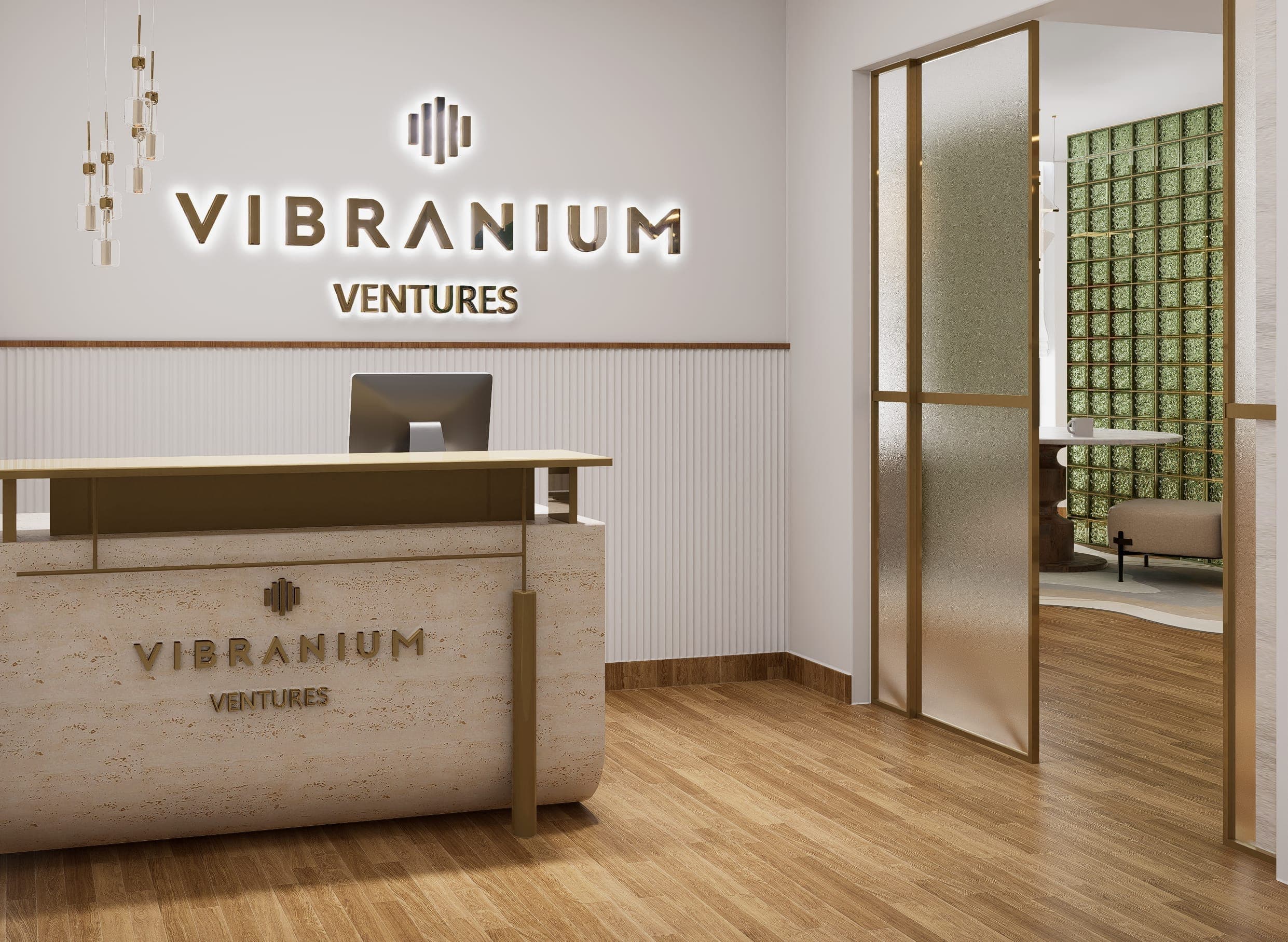 Reception leads with a travertine desk, fluted wall paneling, and the brand mark set large above. A frosted glass door to one side offers a partial view into the interior, building anticipation without giving it away.